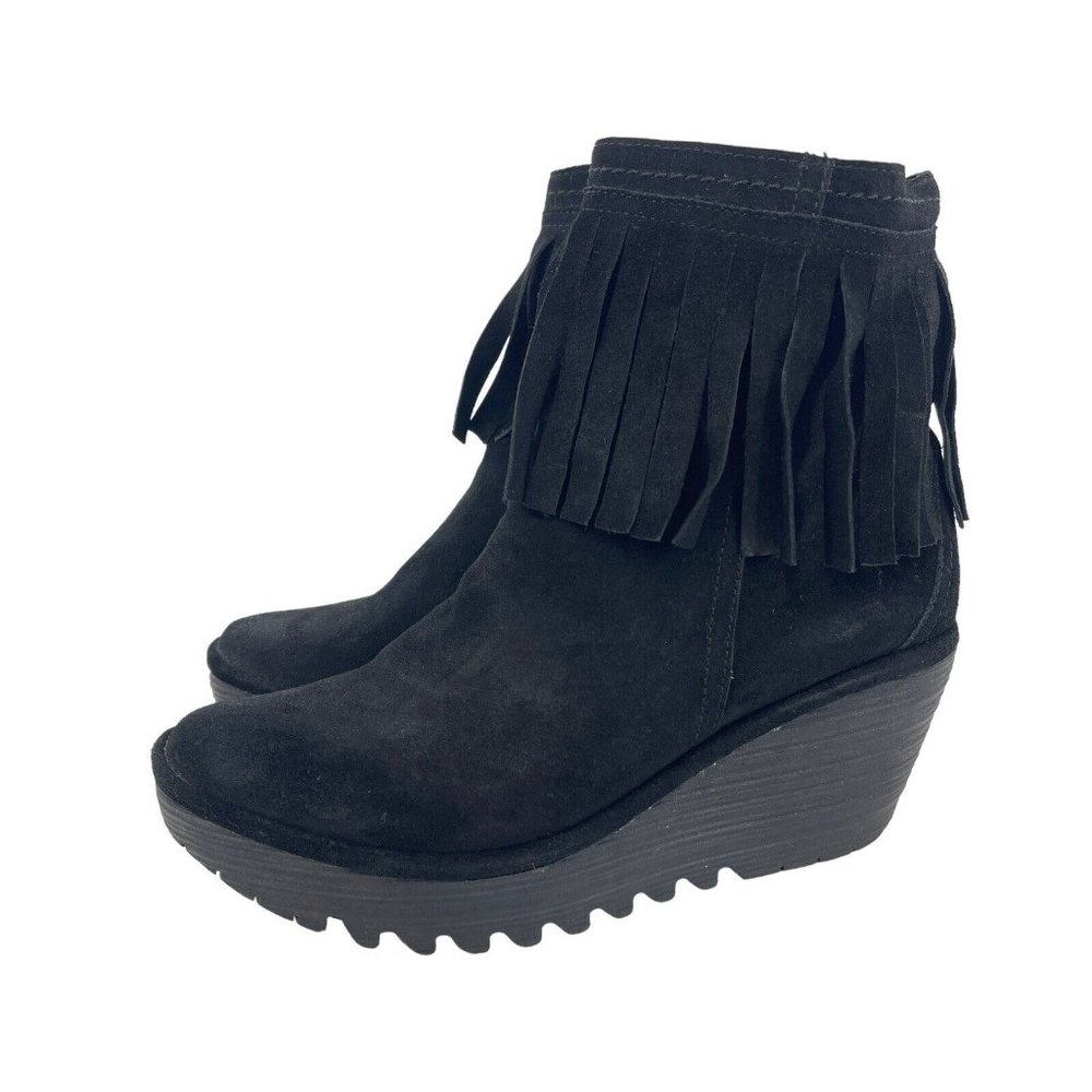 Fly London EU 42 US 11 Yagi Black Suede Fringed Wedge Booties Ankle Boots